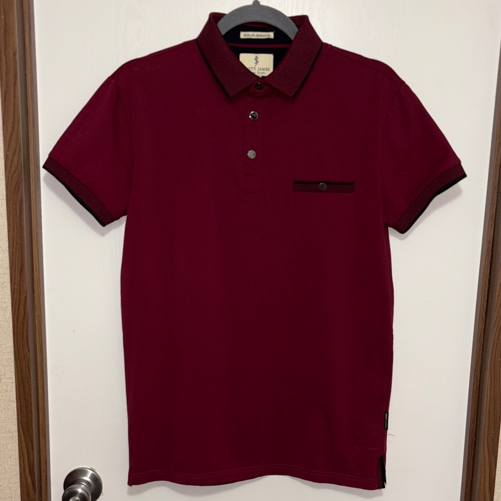 Scott James England Burgundy Polo Shirt Contrast Trim Pocket Preppy Golf Small